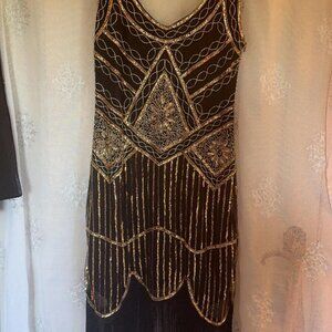 Gold and black beaded embellished gatsby swing dress